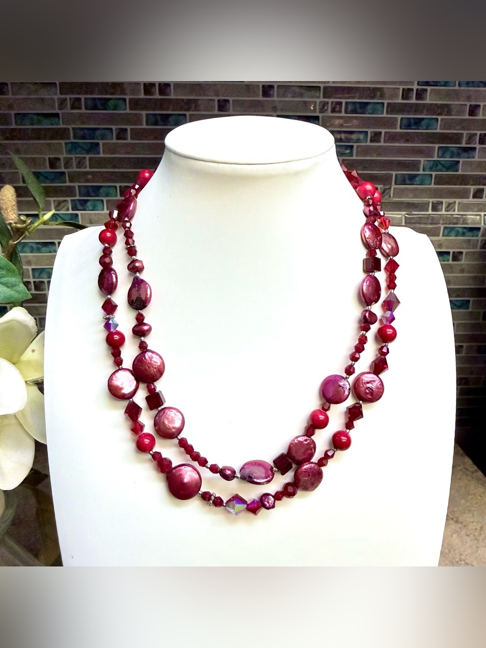 Hand crafted double strand red beaded necklace